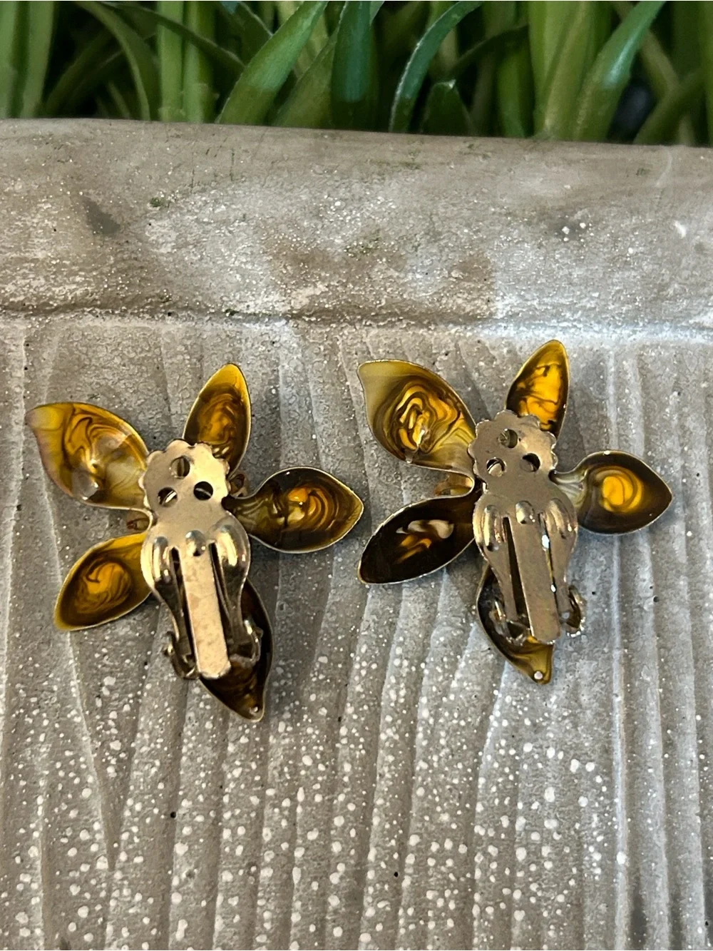 Vintage Yellow Flower Clip-On Earrings amber colored petals unique